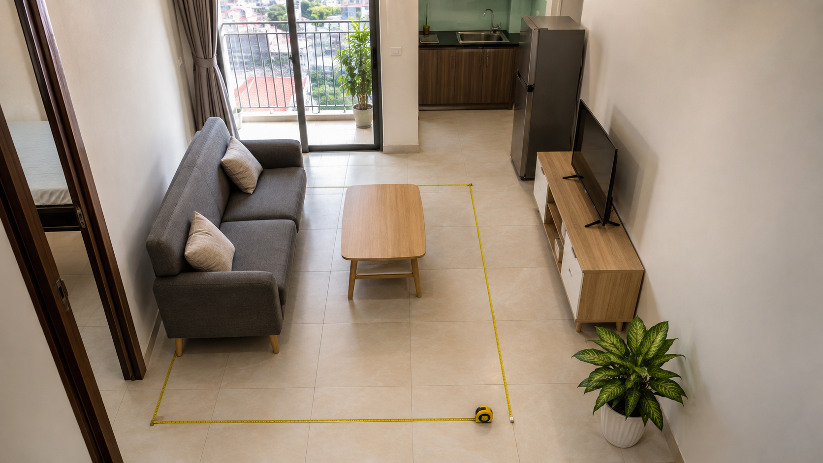 Đo lối đi trong phòng khách căn hộ nhỏ trước khi mua sofa