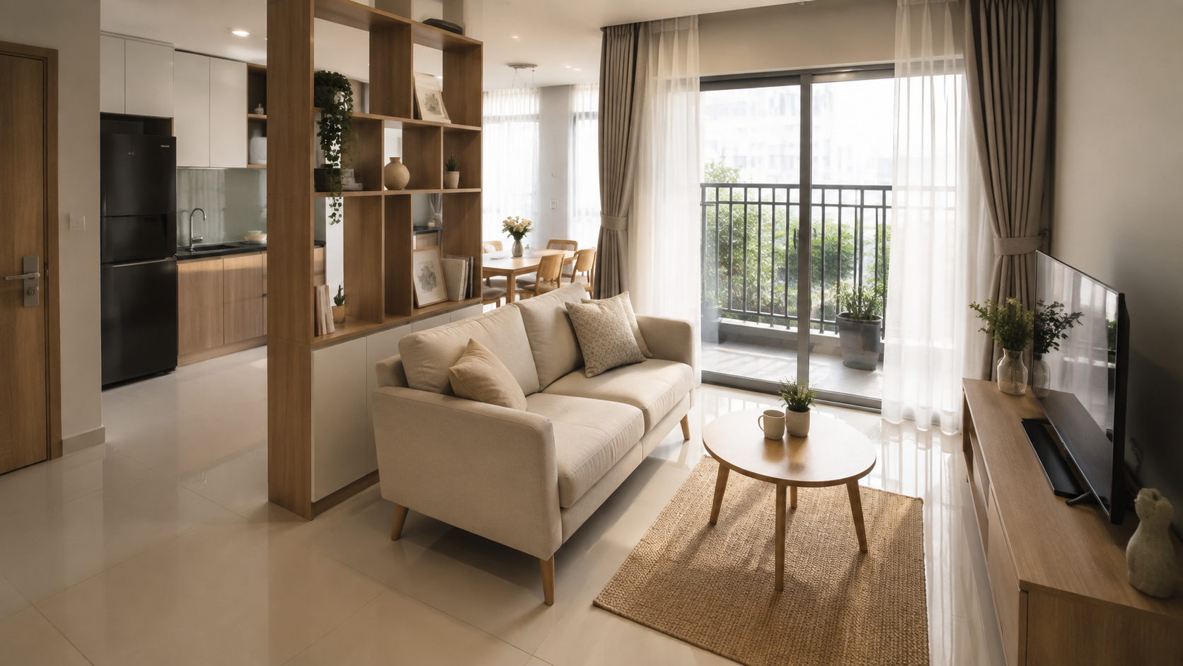 Phân vùng phòng khách và bếp căn hộ bằng kệ mở