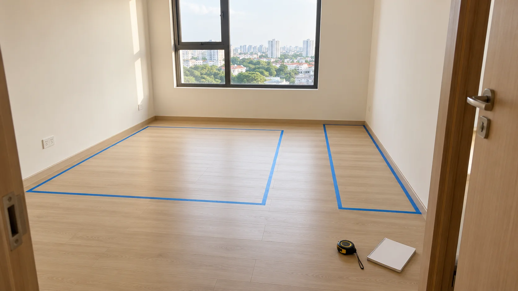 Đánh dấu vị trí giường và tủ trên sàn phòng ngủ nhỏ trước khi mua