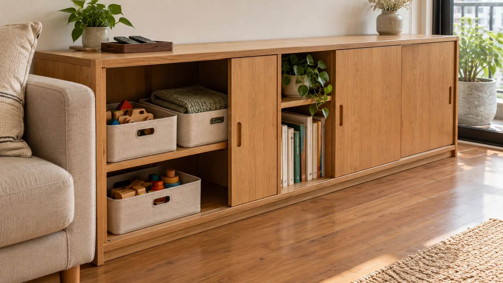 Tủ kín kết hợp ngăn sách mở và hộp tháo rời trong phòng khách nhỏ