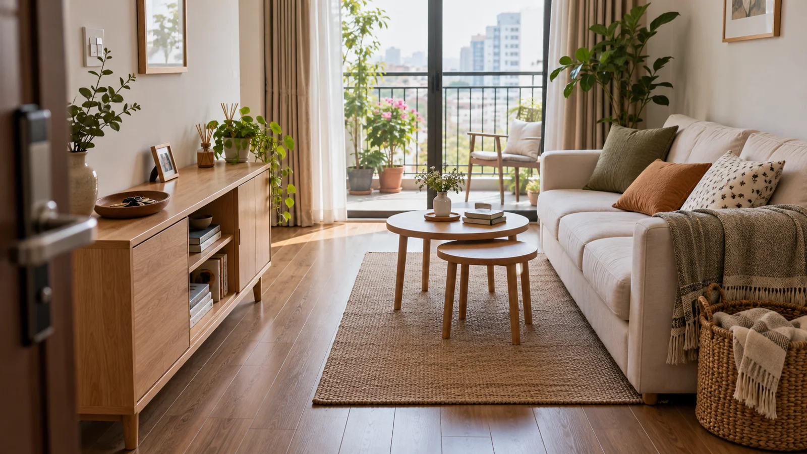 Giỏ chăn cạnh sofa và khay đồ nhỏ trên tủ gần khu cửa vào