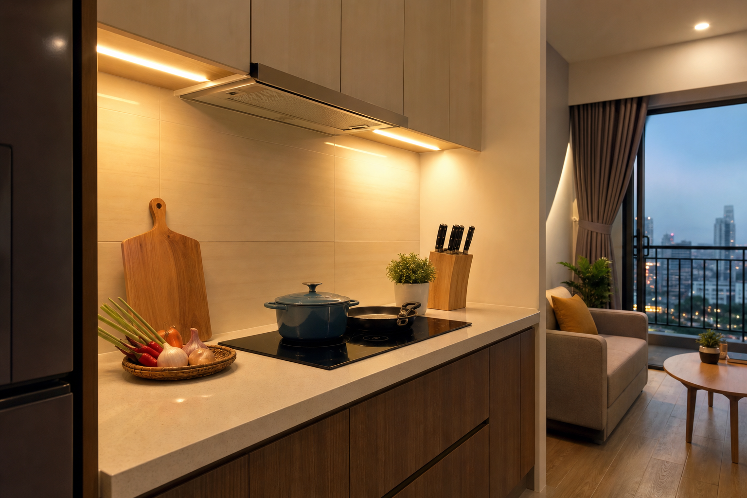 Đèn dưới tủ và hút mùi trong bếp nhỏ căn hộ