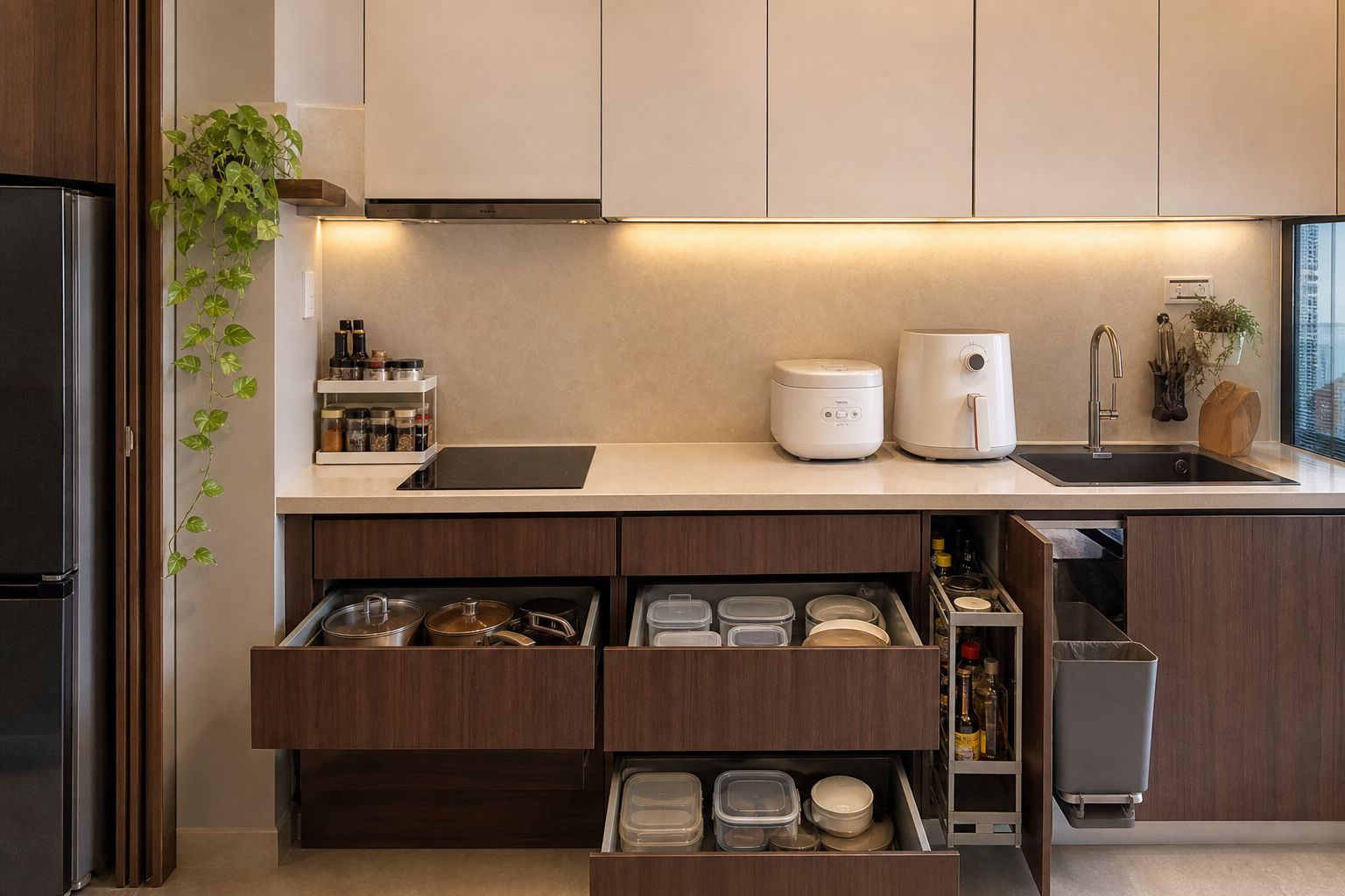 Tủ kéo và mặt bàn gọn trong bếp nhỏ căn hộ