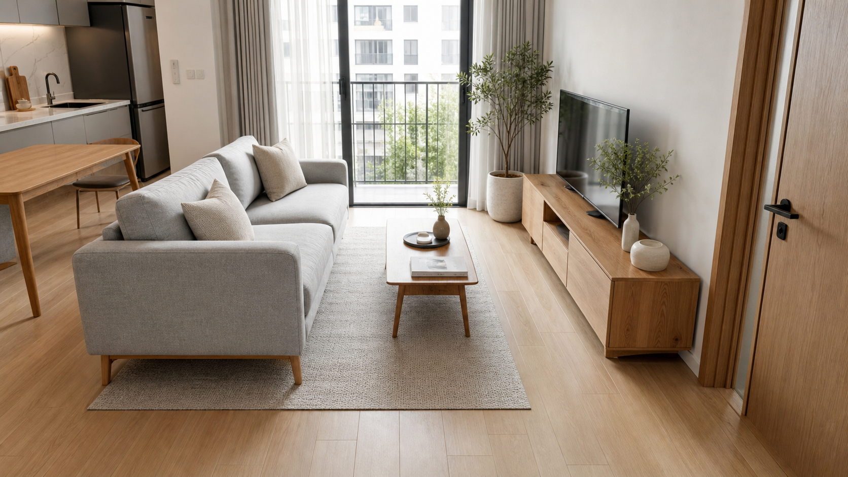 Bố trí sofa và bàn trà trong phòng khách chung cư nhỏ có lối đi rõ