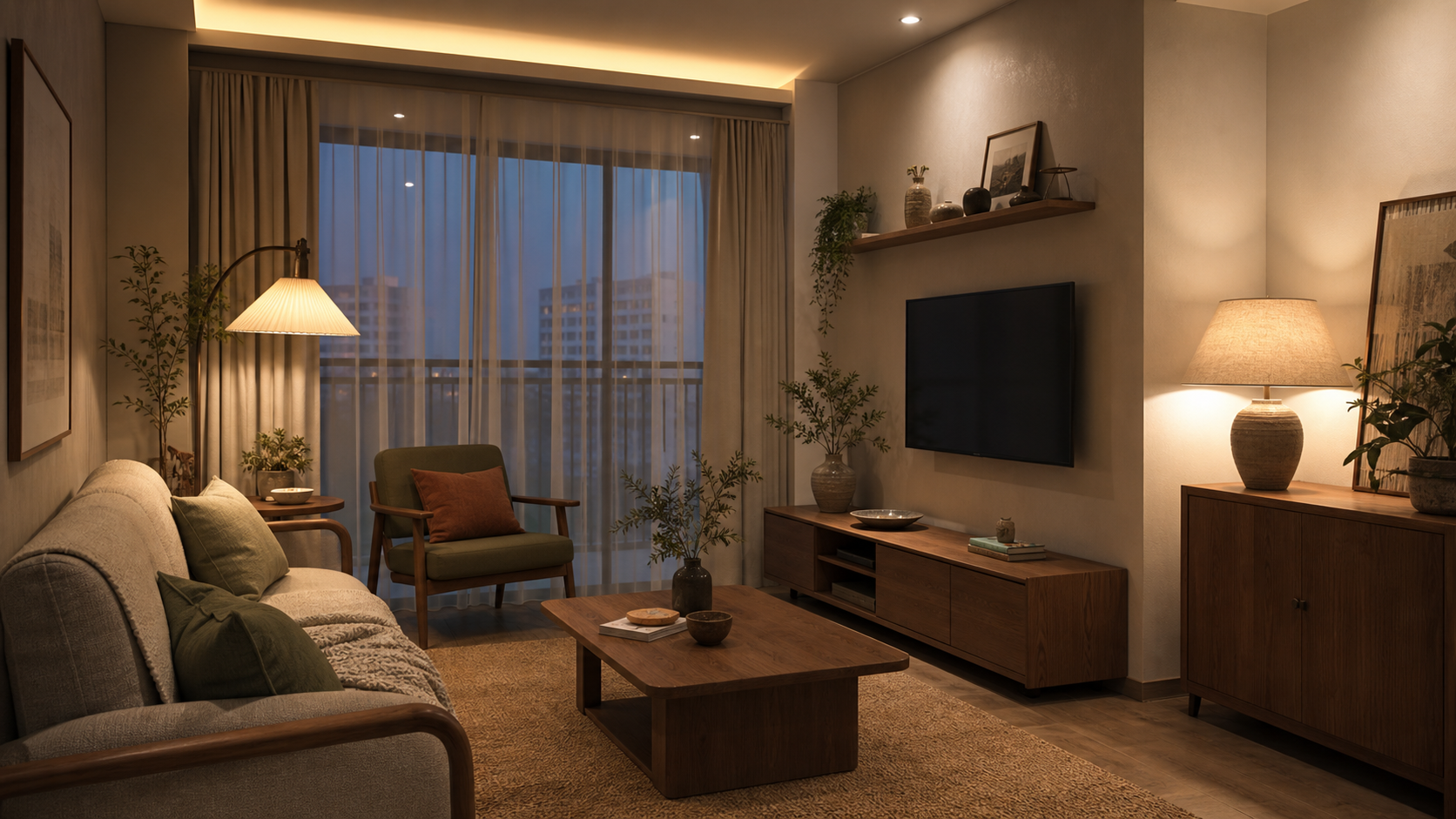 Ánh sáng nhiều lớp và kệ TV thấp trong phòng khách chung cư nhỏ
