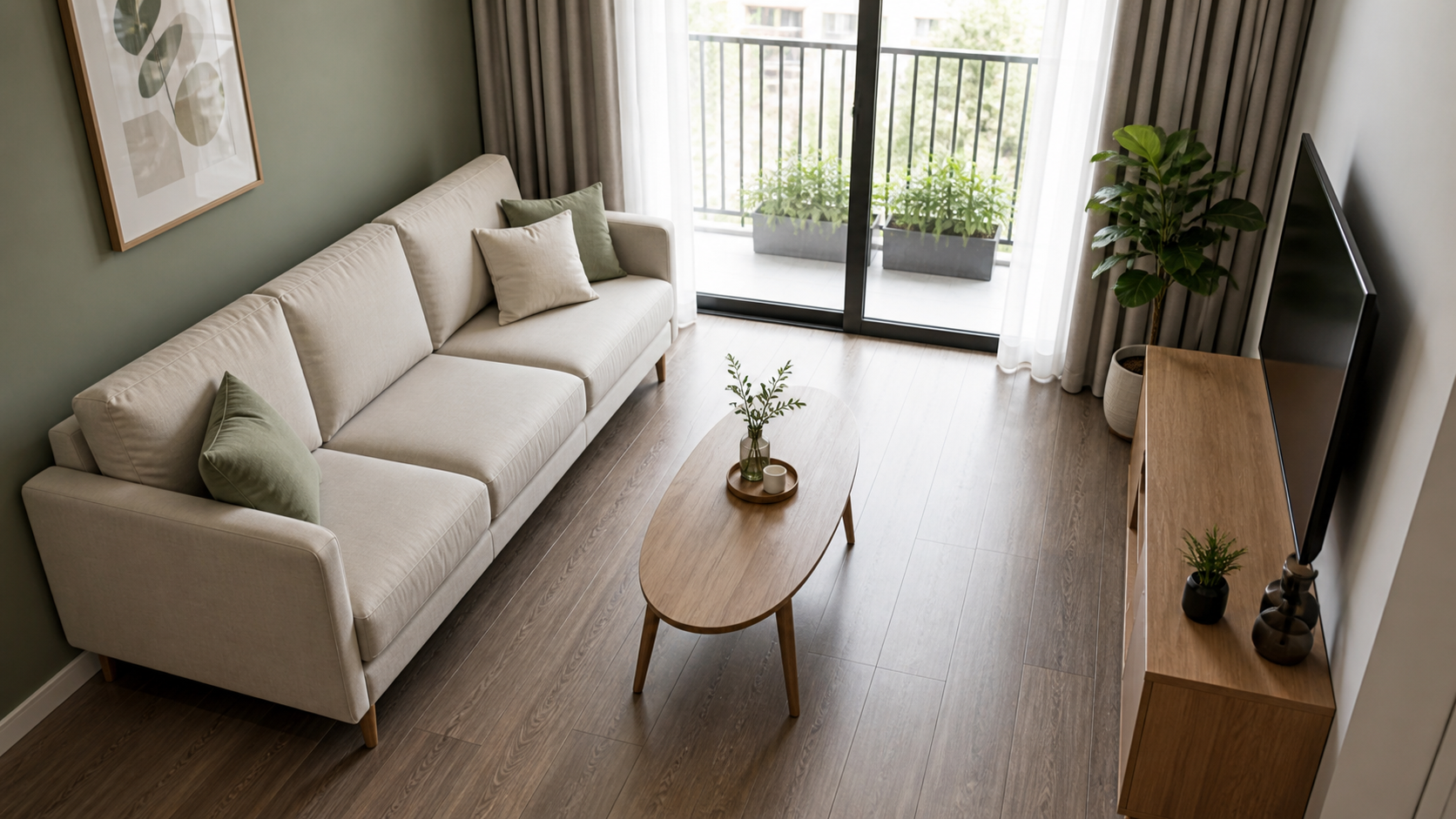 Phòng khách nhỏ với sofa, bàn trà oval và lối đi rõ ràng