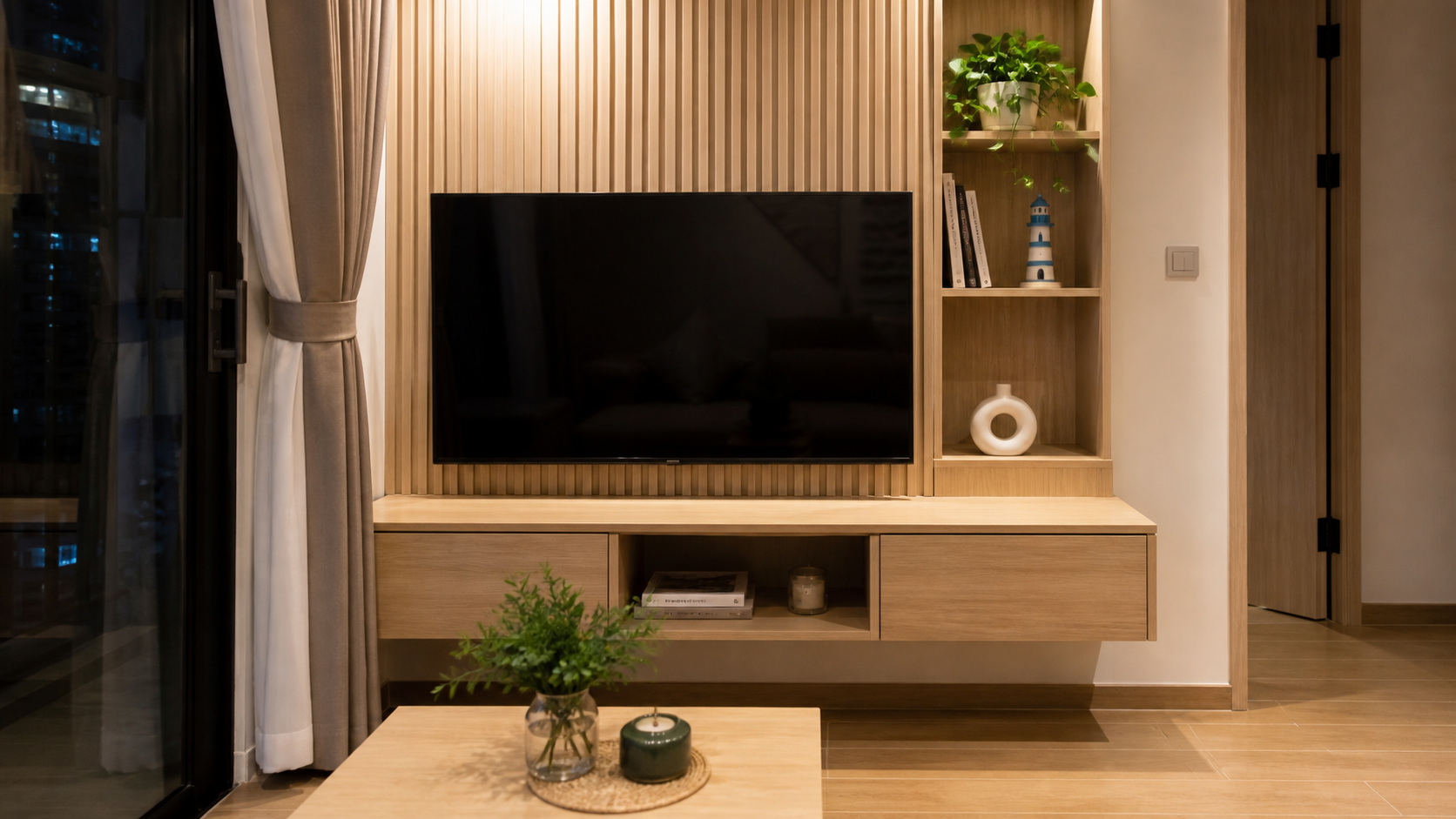 Tủ TV gỗ sáng có ngăn kín cho phòng khách căn hộ nhỏ