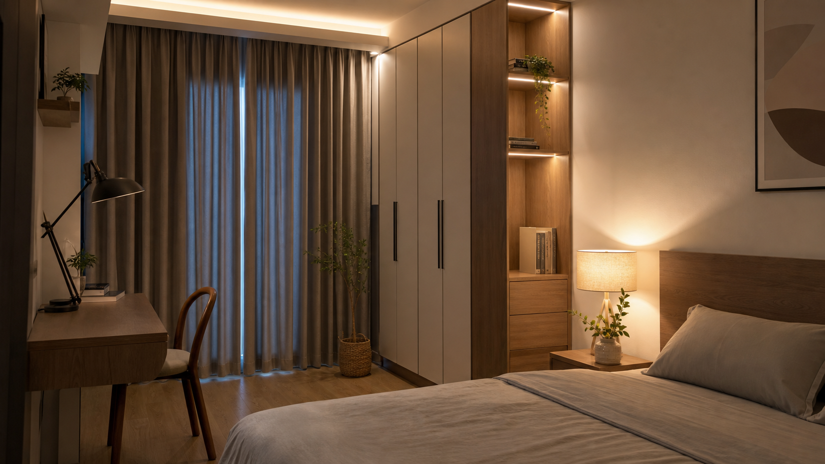 Ánh sáng ấm nhiều lớp cho phòng ngủ chung cư nhỏ