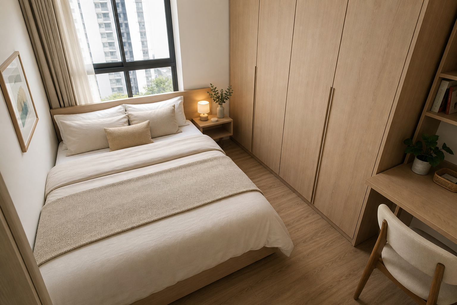 Bố trí giường và lối đi trong phòng ngủ chung cư nhỏ